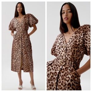 Aje Isabella Leopard Puff Sleeve Midi Dress